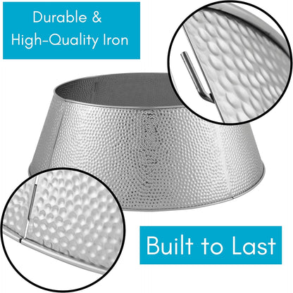 4-Panel Christmas Tree Collar - Metal Holiday Skirt Decor - Water Base Protection from Pets (Silver - Hammered)