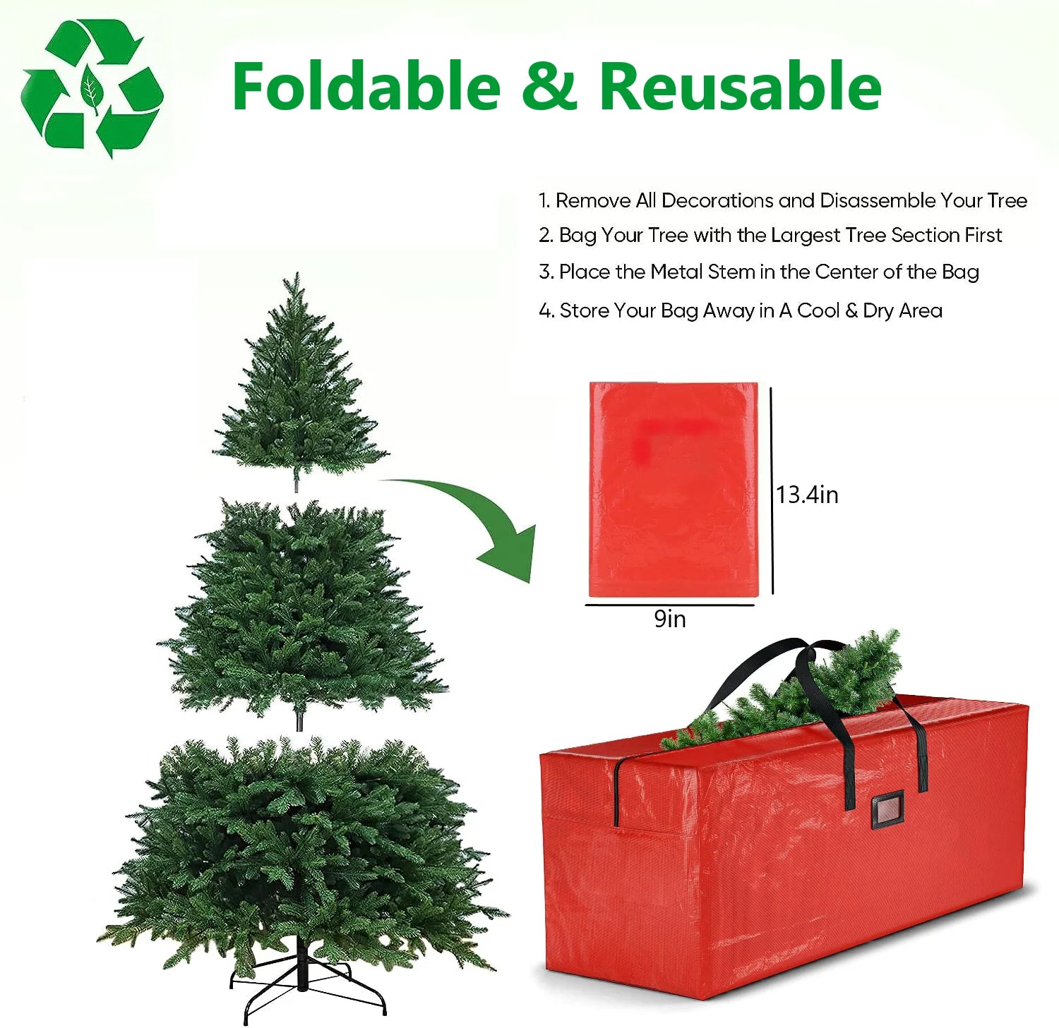 Christmas Tree Storage Bag Storage Container Fits up to 9 Ft Disassembled Tree Zippered Bag with Carry Handles 65" X 15" X 30" Red