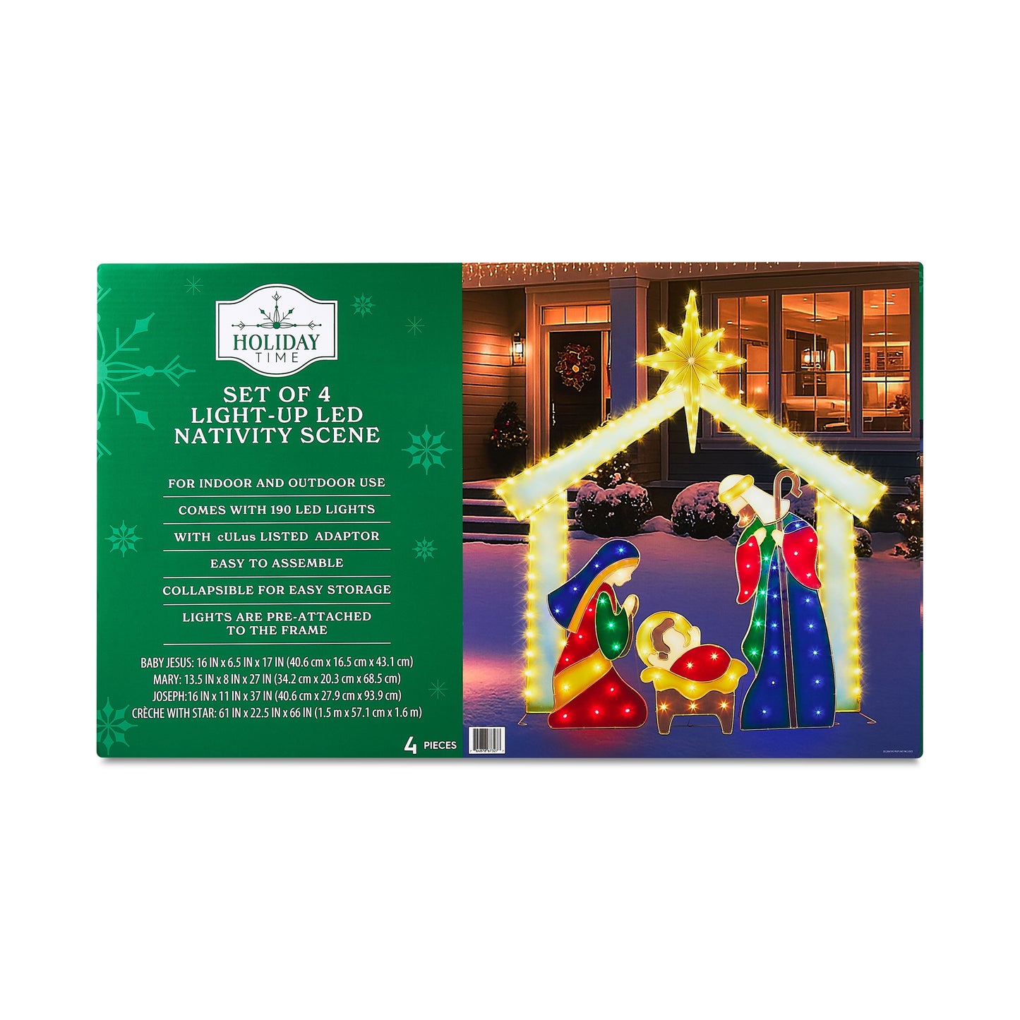 Indoor/Outdoor Light-Up Christmas Nativity Scene Set with 190 LED Lights, Warm White, 4 Pieces, by