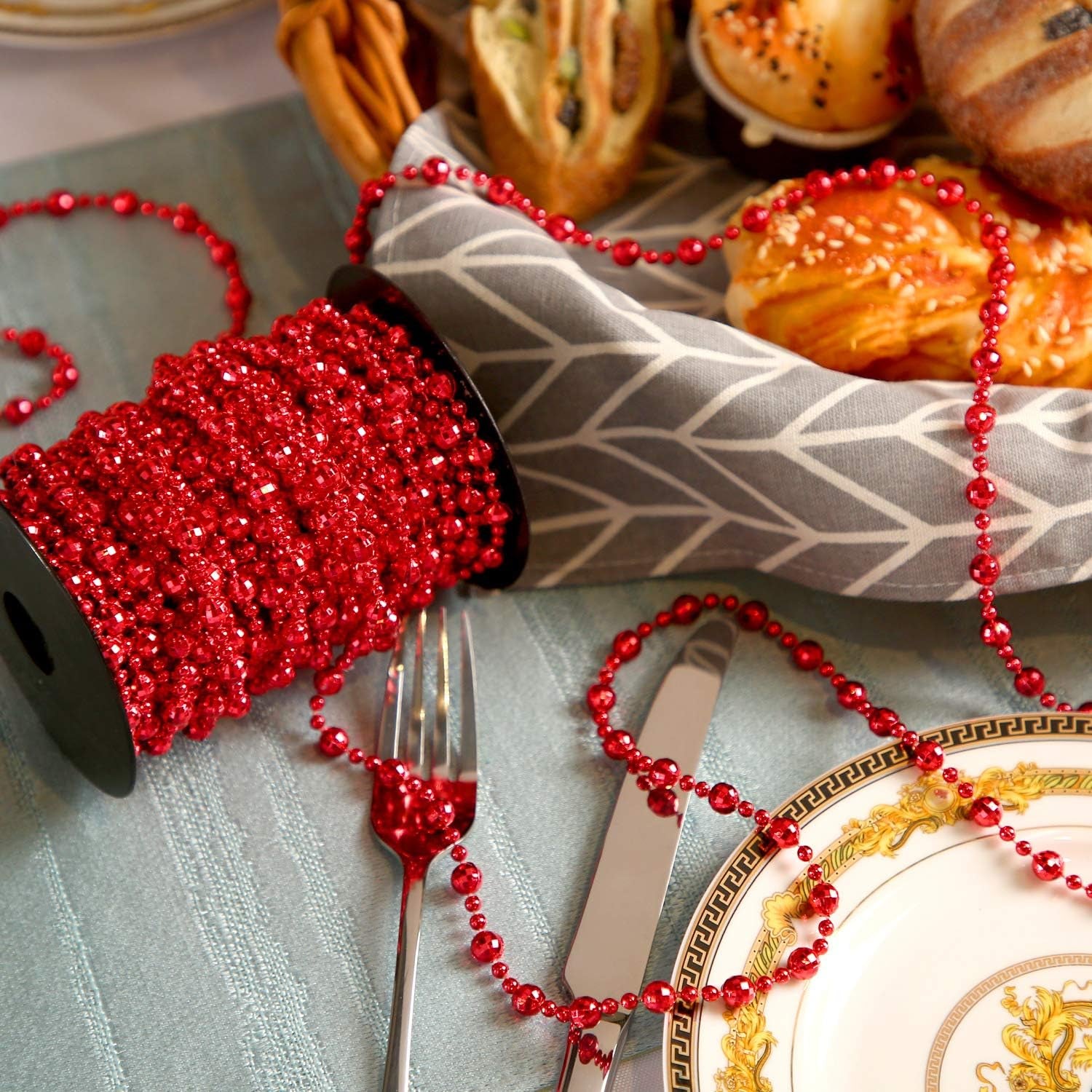 49 Ft Beaded Garland for Christmas Tree Plastic Artificial Pearl Strands String Beads Trim Roll Chain for Xmas DIY Craft Party Decoration Table Centerpiece Wedding Bouquet(Red)