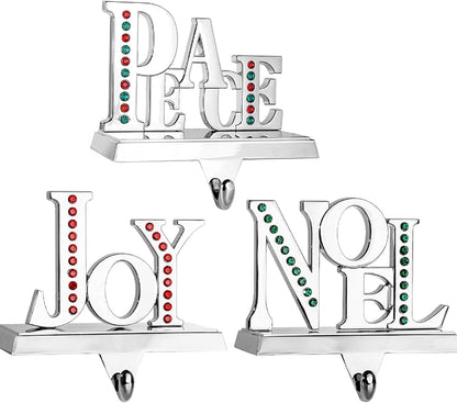 Stocking Holder Set of 3 - Joy Noel Peace Christmas Stocking Hanger for Mantel - Shiny Silver Metal Christmas Stocking Holder for Fireplace Mantle- Heavy Stocking Holder for Mantle with Hook