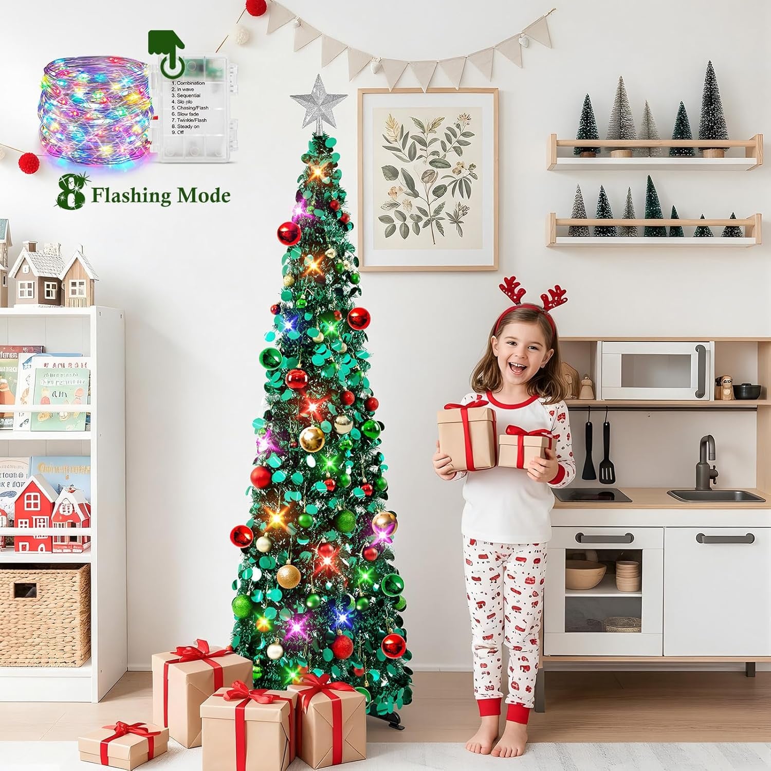 Pop up Christmas Tree with Lights, Collapsible Tinsel Xmas Tree Decorations, Pencil Christmas Tree Skinny Tree for Holiday Xmas Home Office Decor, 30 Balls, 5Ft, Peacock Blue