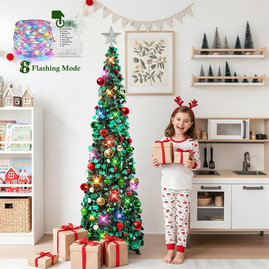 Pop up Christmas Tree with Lights, Collapsible Tinsel Xmas Tree Decorations, Pencil Christmas Tree Skinny Tree for Holiday Xmas Home Office Decor, 30 Balls, 5Ft, Peacock Blue