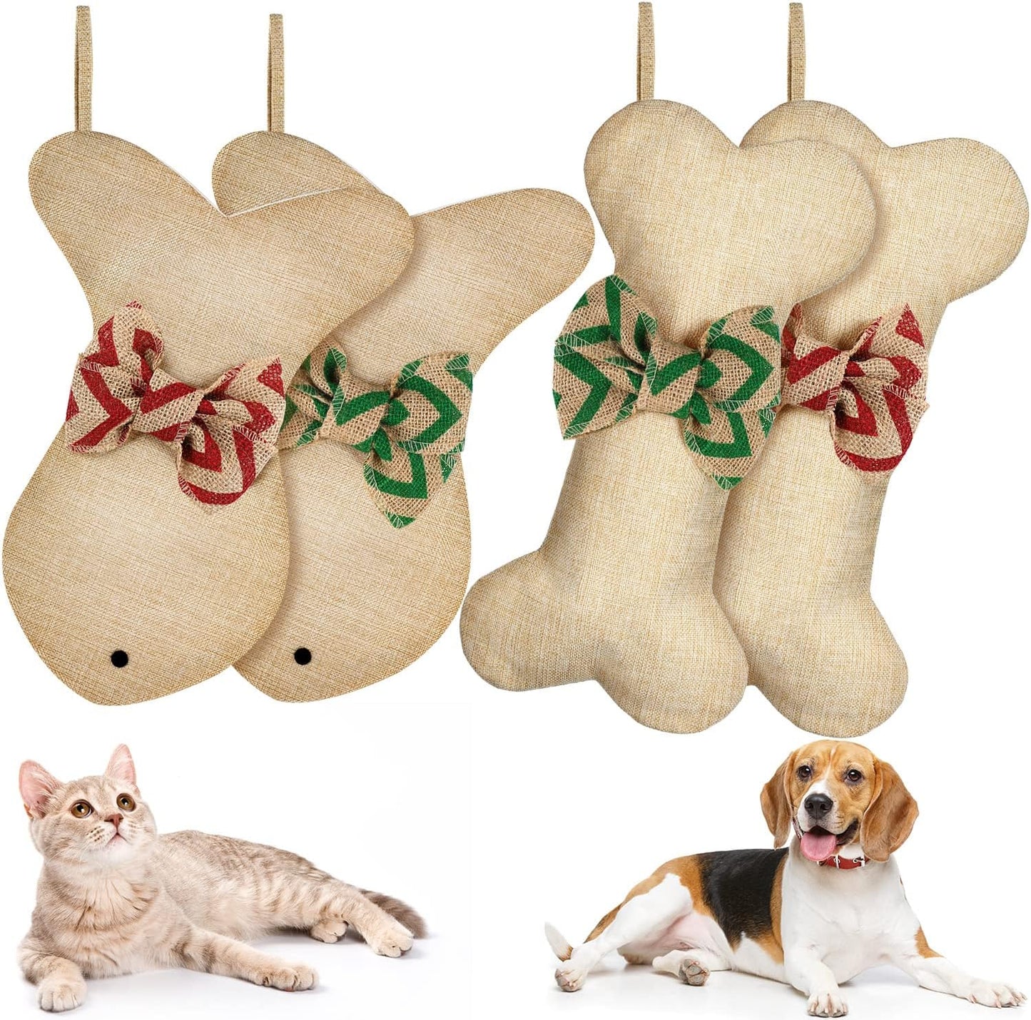 4 Pcs Dog Christmas Stocking Bone Fish Pet Christmas Stockings Pet Burlap Stocking Fireplace Hanging Stockings with Bow Knot for Dog Cat Xmas Party Decoration Gift (Bone and Fish)
