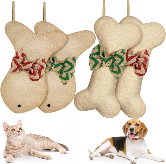 4 Pcs Dog Christmas Stocking Bone Fish Pet Christmas Stockings Pet Burlap Stocking Fireplace Hanging Stockings with Bow Knot for Dog Cat Xmas Party Decoration Gift (Bone and Fish)