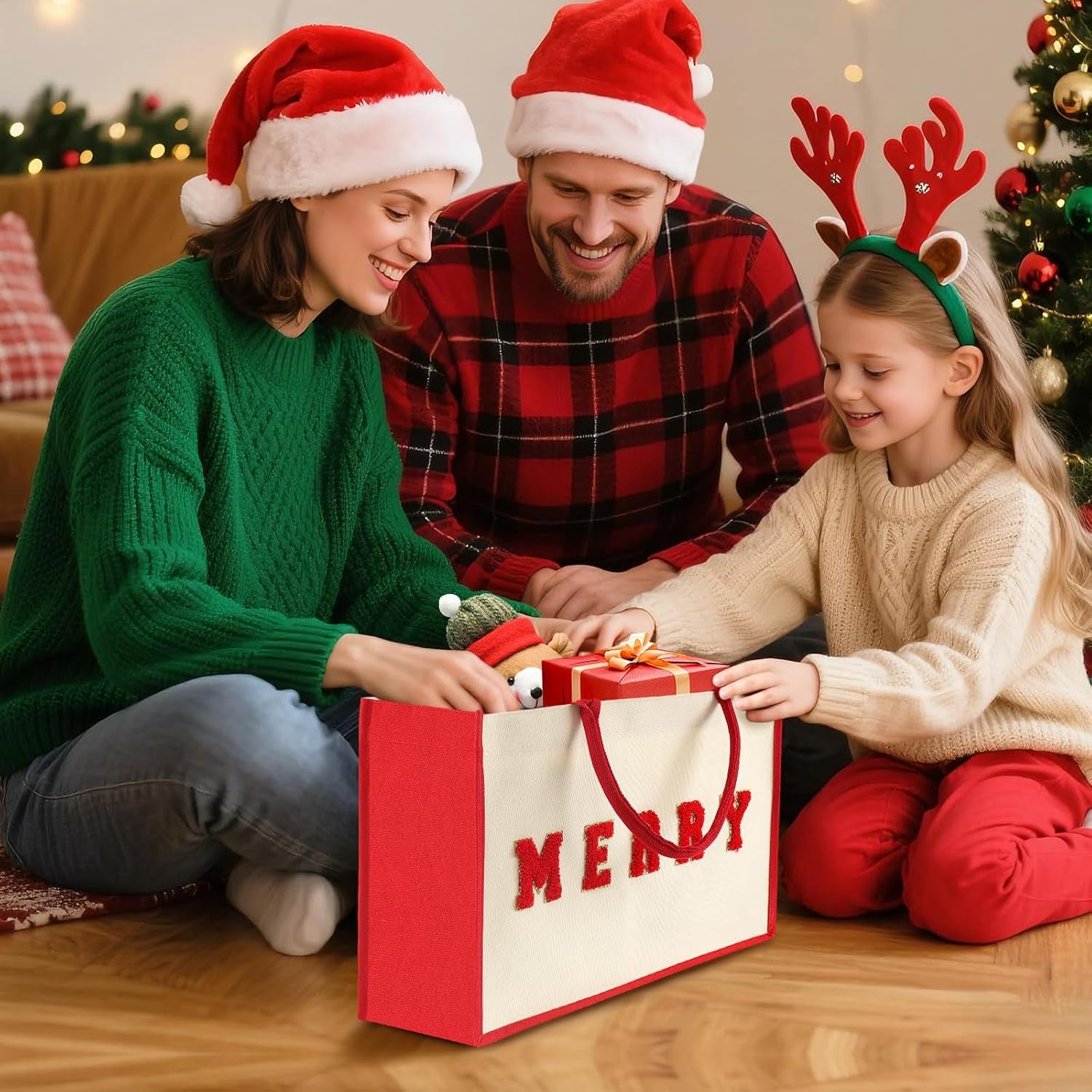 15.5" Reusable Canvas Christmas Gift Bags with Handles - Red Holiday Design