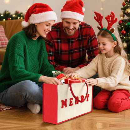 15.5" Reusable Canvas Christmas Gift Bags with Handles - Red Holiday Design