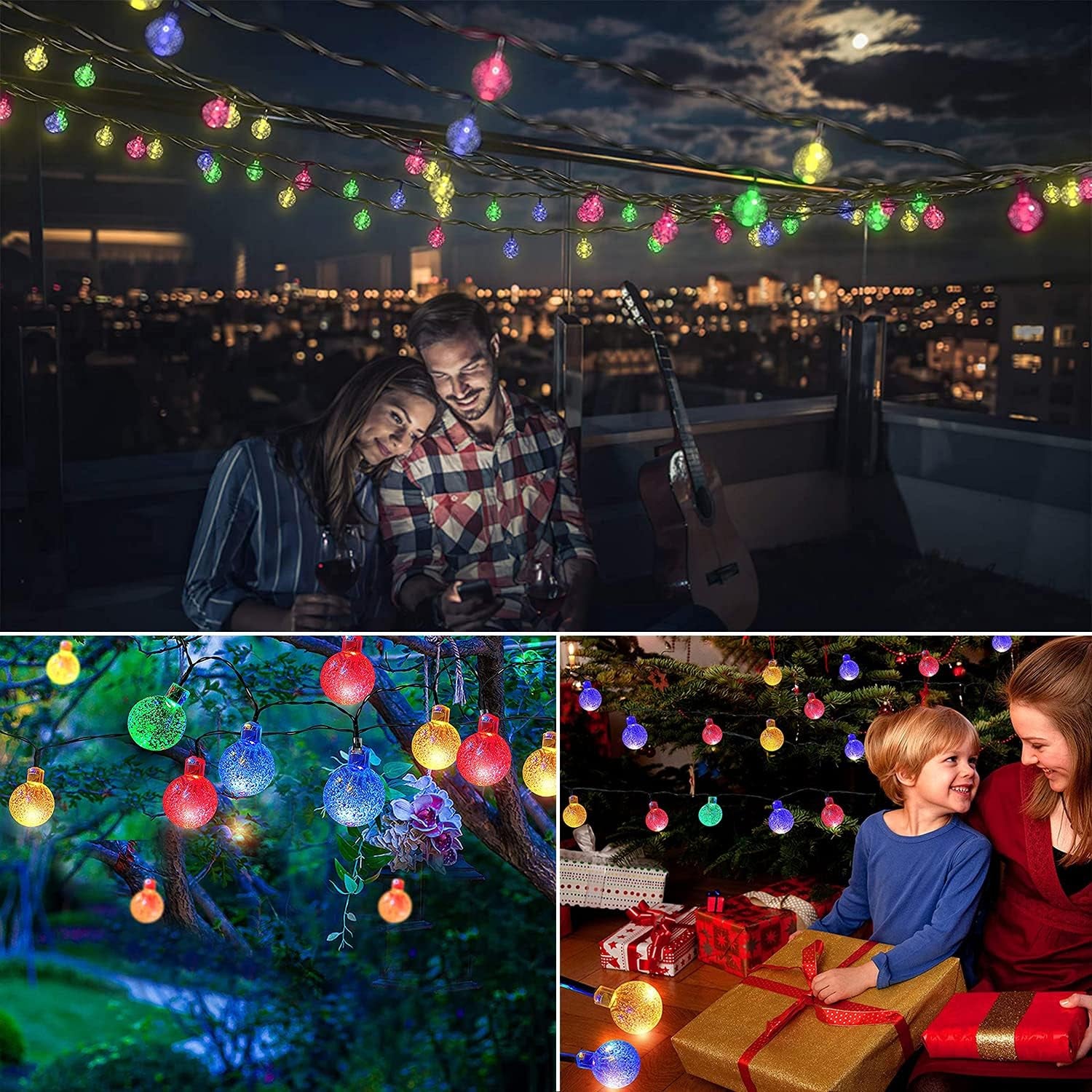 2 Pack Outdoor String Lights Solar Powered, Total 72 FT 120 LED Hanging Solar String Lights Outdoor Garden Waterproof Each 60 Crystal Bubble Globes 8 Mode Multi Color Changing…