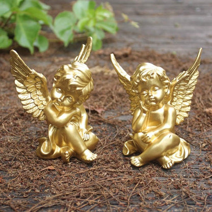 Set of 2 Cherubs Angels Resin Statue Figurine, Indoor Home Decoration, Adorable Angel Sculpture Memorial Statue 4" - Gold