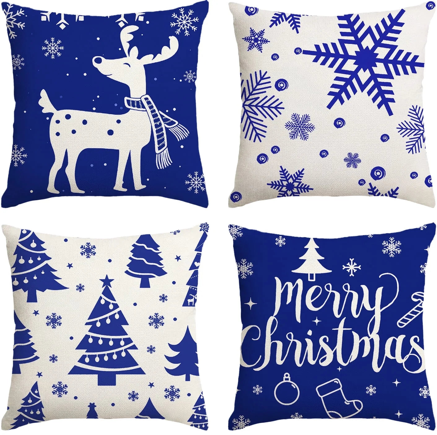 Christmas Throw Pillow Covers 18''X18'' Set of 4 Decorative Holiday Pillows Cover Cases Farmhouse Decor for Xmas Decoration Home Couch Sofa, Blue