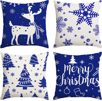 Christmas Throw Pillow Covers 18''X18'' Set of 4 Decorative Holiday Pillows Cover Cases Farmhouse Decor for Xmas Decoration Home Couch Sofa, Blue