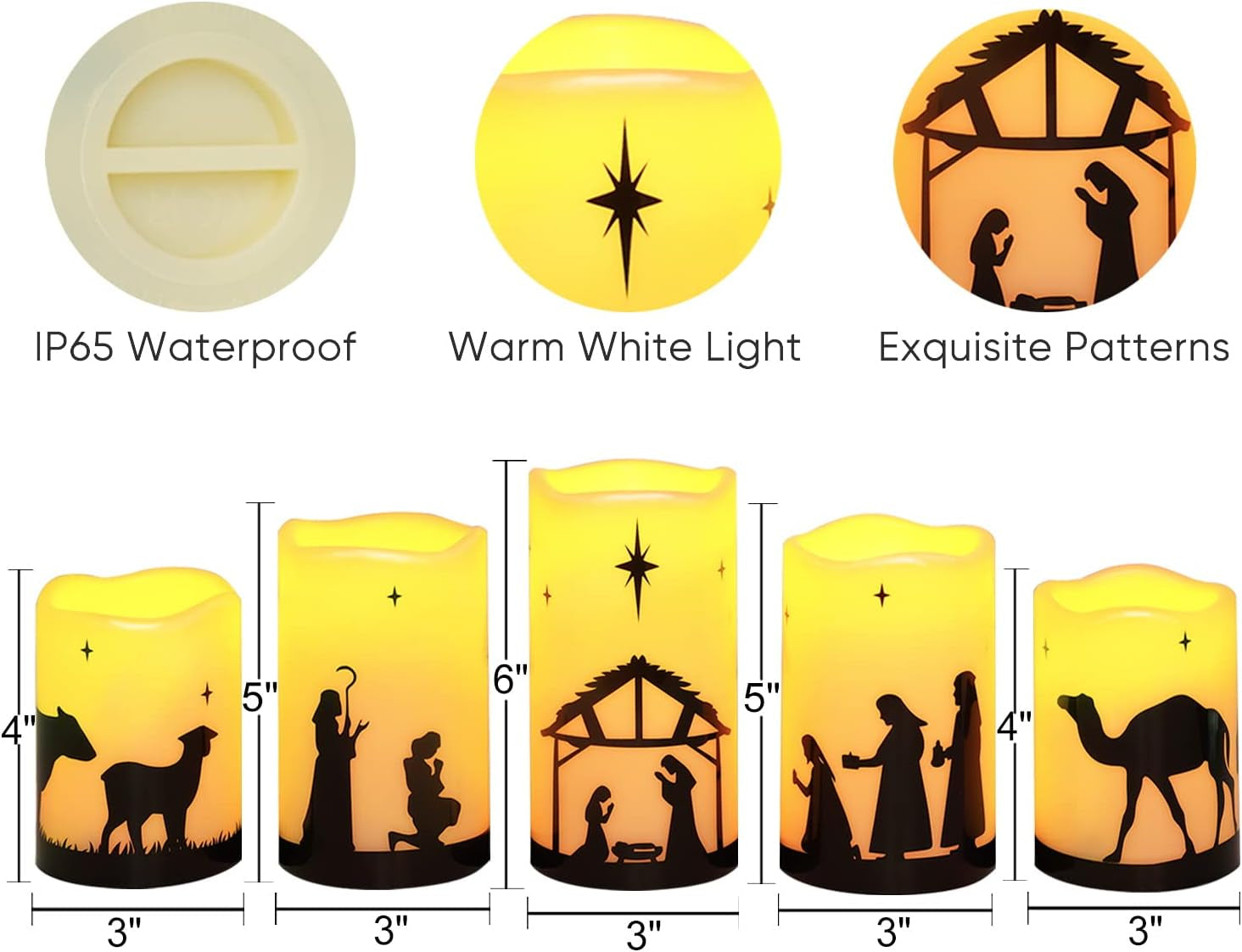 Flameless LED Nativity Scene Candles with Remote Timer, 5 Pack