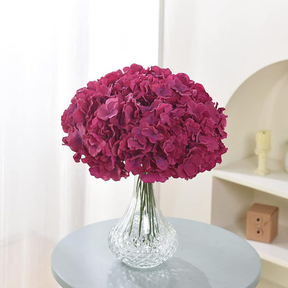 Silk Hydrangea Heads with Stems Artificial Flowers Heads for Home Wedding Decor,Pack of 10 (Fuschia)