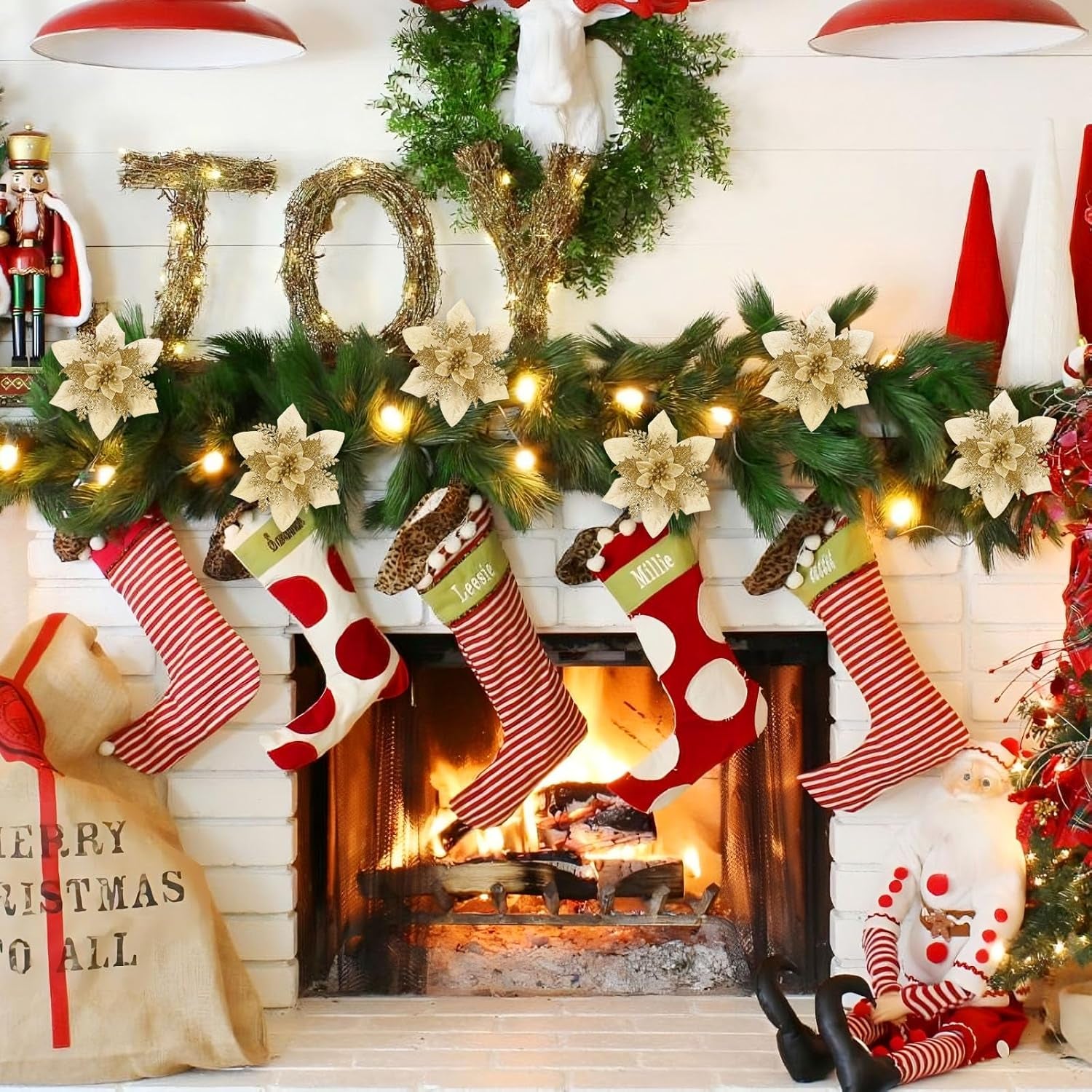 Artificial Poinsettia Christmas Flowers with Clips, Gold, 24 Pcs, Large Size