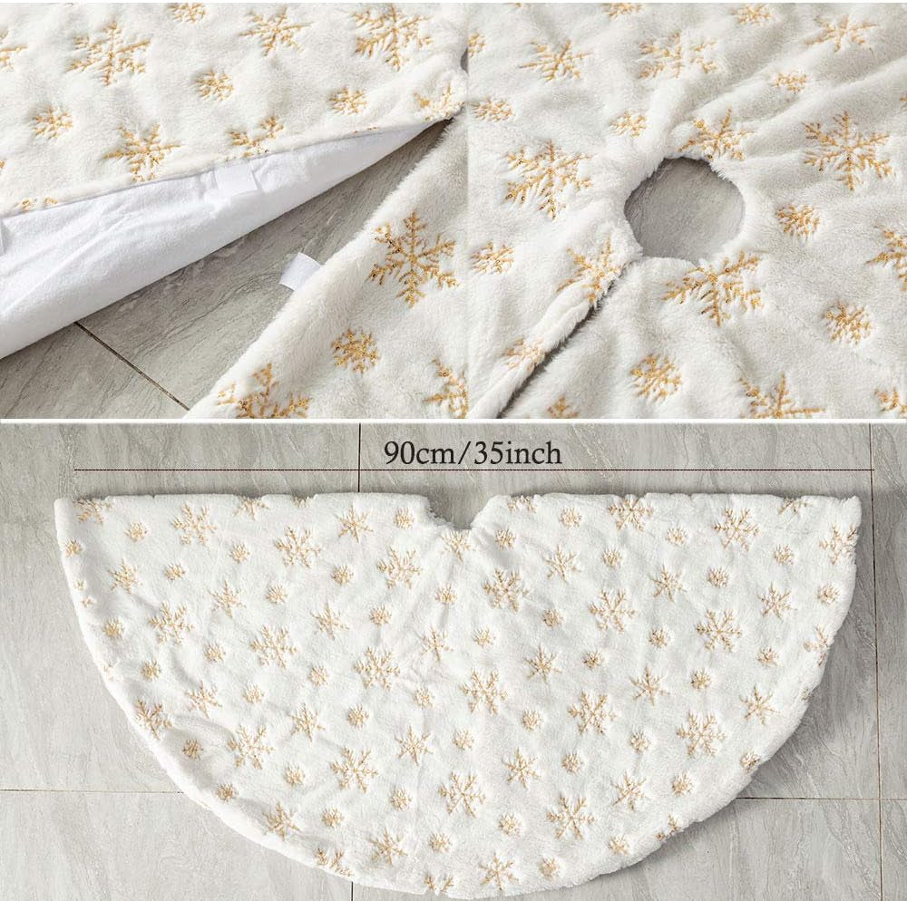 White Plush Christmas Tree Skirt - 90Cm Snow Fur Mat with Gold Sequin Snowflake Xmas Tree Skirt Base Cover for Christmas New Year Decorations (White, 35Inches)