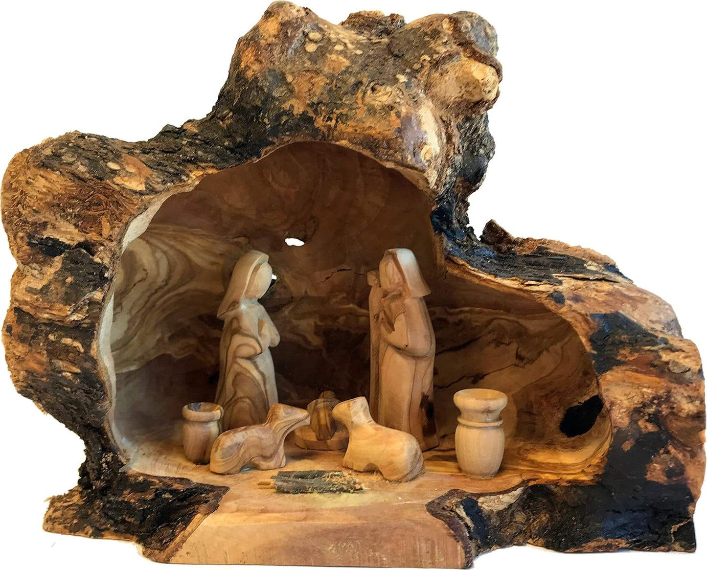 Olive Wood Nativity Set - Hand Carved Rustic Stable, Unique Olive Wood Nativity Scene, Large 8-12 In