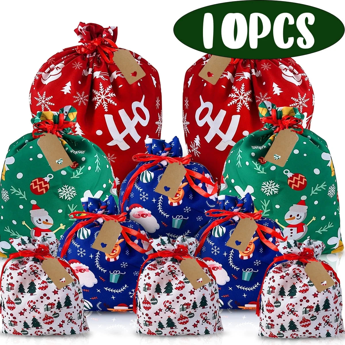 Christmas Gift Bags Christmas Sacks Large Reusable Fabric Drawstring Gift Pouches for Xmas Party Favor 10Pcs