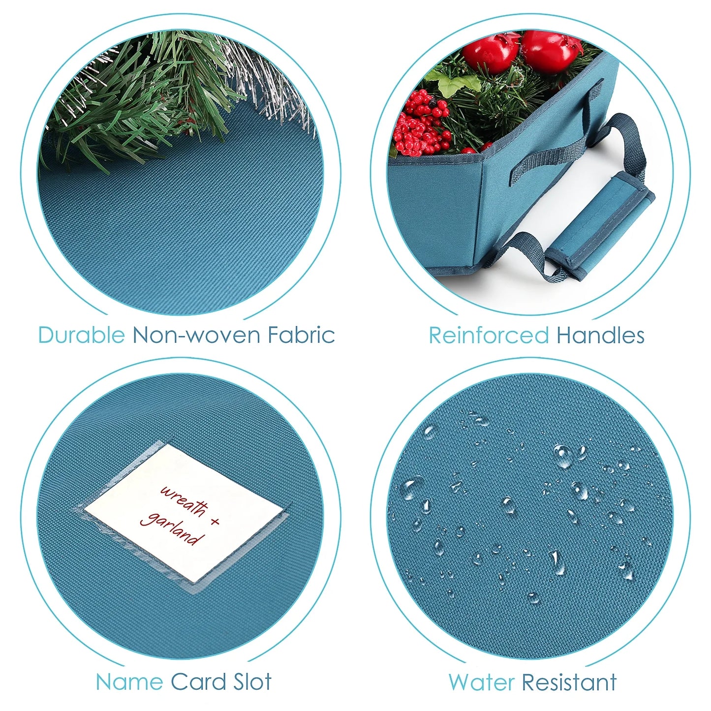 36" Hard Shell Holiday Wreath Storage Container with Interior Pockets, Dual Zipper and Handles, Blue