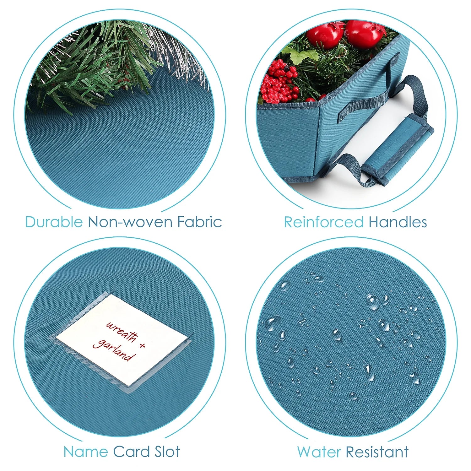 36" Hard Shell Holiday Wreath Storage Container with Interior Pockets, Dual Zipper and Handles, Blue