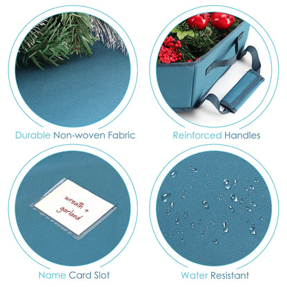 36" Hard Shell Holiday Wreath Storage Container with Interior Pockets, Dual Zipper and Handles, Blue