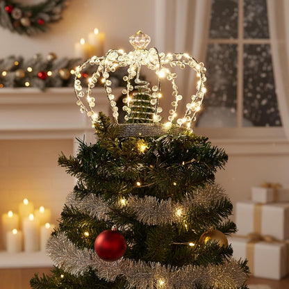 Illuminated Jeweled Crown Tree Topper with 60 Warm White Lights, Metal Design