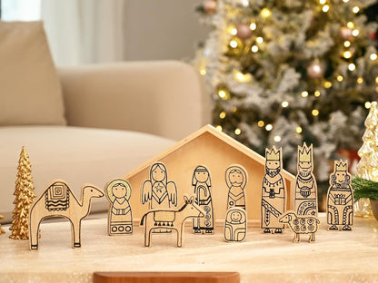 Wooden Nativity Set,12Pcs Christmas Tabletop Scene-7" Tall, Small Nativity Ornament for Christmas Decor,Paintable Wood Nativity Sets&Figures,Unique