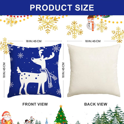 Christmas Throw Pillow Covers 18''X18'' Set of 4 Decorative Holiday Pillows Cover Cases Farmhouse Decor for Xmas Decoration Home Couch Sofa, Blue