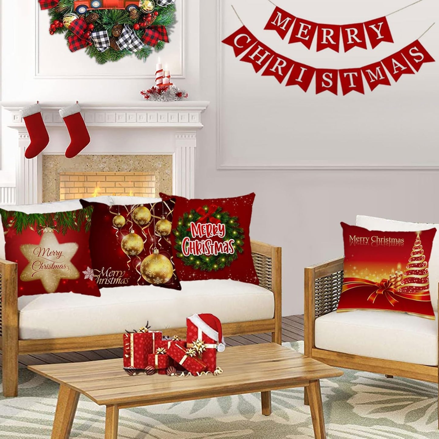 Set of 4 Christmas Pillow Covers 20X20 Inch Xmas Pillow Cases Velvet Throw Pillow Covers Red Gold Winter Holiday Cushion Covers Outdoor Couch Sofa Home Decorations for New Year