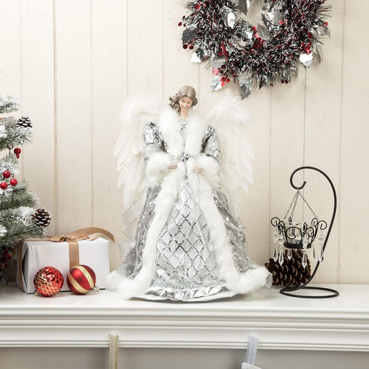16 Inches Angel Tree Topper with Shiny Sequins Luxury Dress, Christmas Treetop Flying Angel Winged Diva Fairy Goddess Figurine Holiday Ornament, Silver Grey