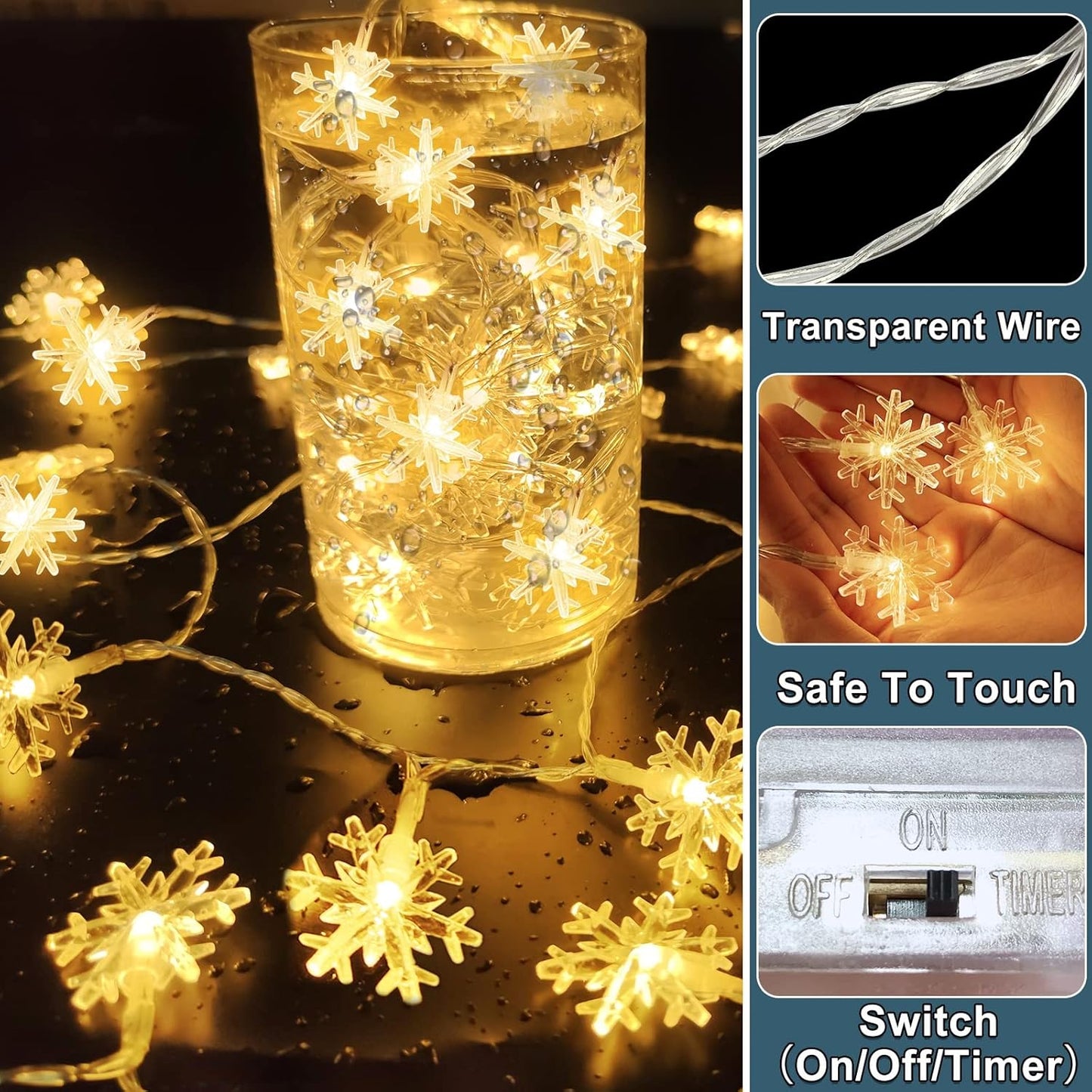 [ Timer 19.7 Ft 50 LED Snowflake Lights Decor, Battery Operated Fairy String Christmas Tree Lights Decorations Outdoor Indoor Xmas Party Home Bedroom Wedding Holiday Garden Decor(Warm White)