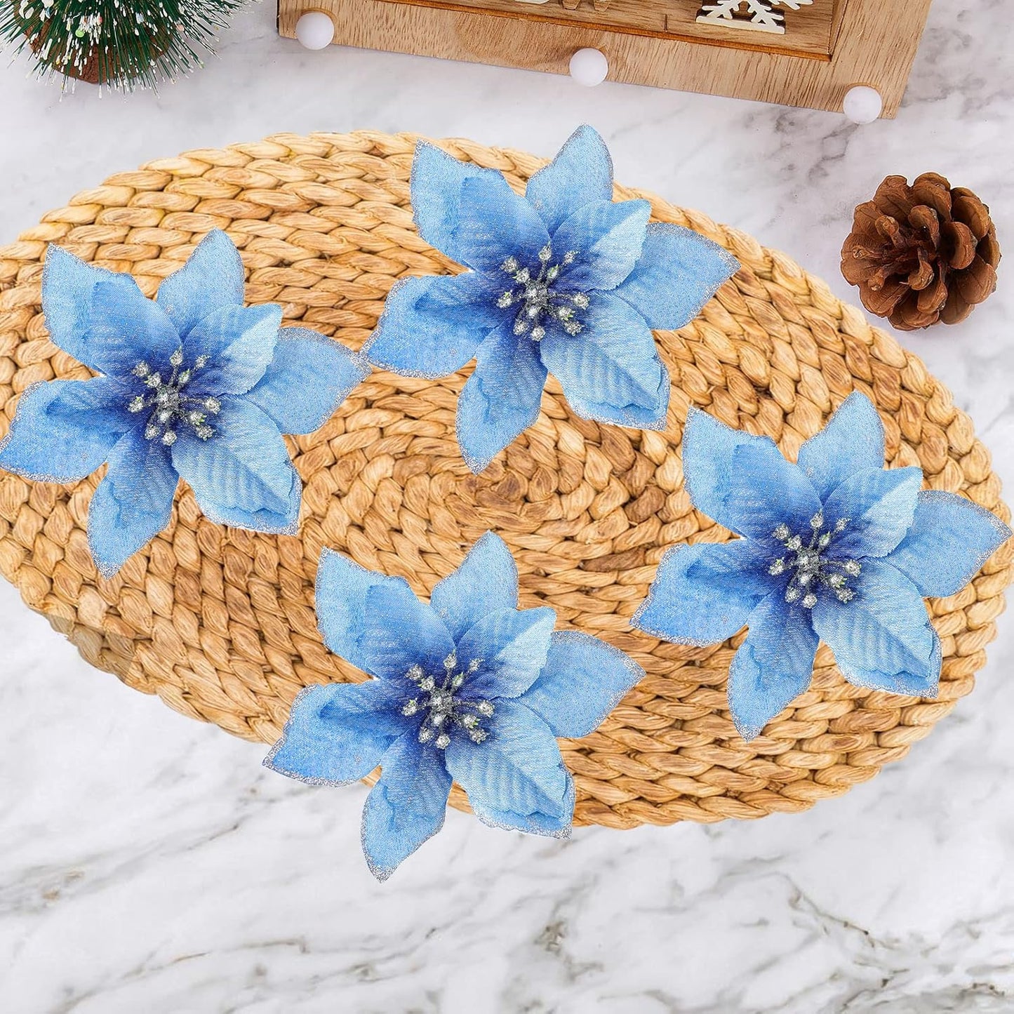 Christmas Poinsettia Flowers Decorations, Glitter Poinsettia Christmas Tree Ornaments, Artificial Flower Home Decorations for Christmas/Wedding/Holiday Party, Pack of 24, Blue