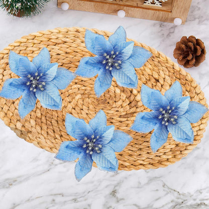 Christmas Poinsettia Flowers Decorations, Glitter Poinsettia Christmas Tree Ornaments, Artificial Flower Home Decorations for Christmas/Wedding/Holiday Party, Pack of 24, Blue
