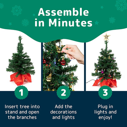 22” Mini Christmas Tree with Lights Ornaments and Presents - Small Christmas Tree with Lights Christmas Table Decorations | Little Christmas Tree - Warm White, Green