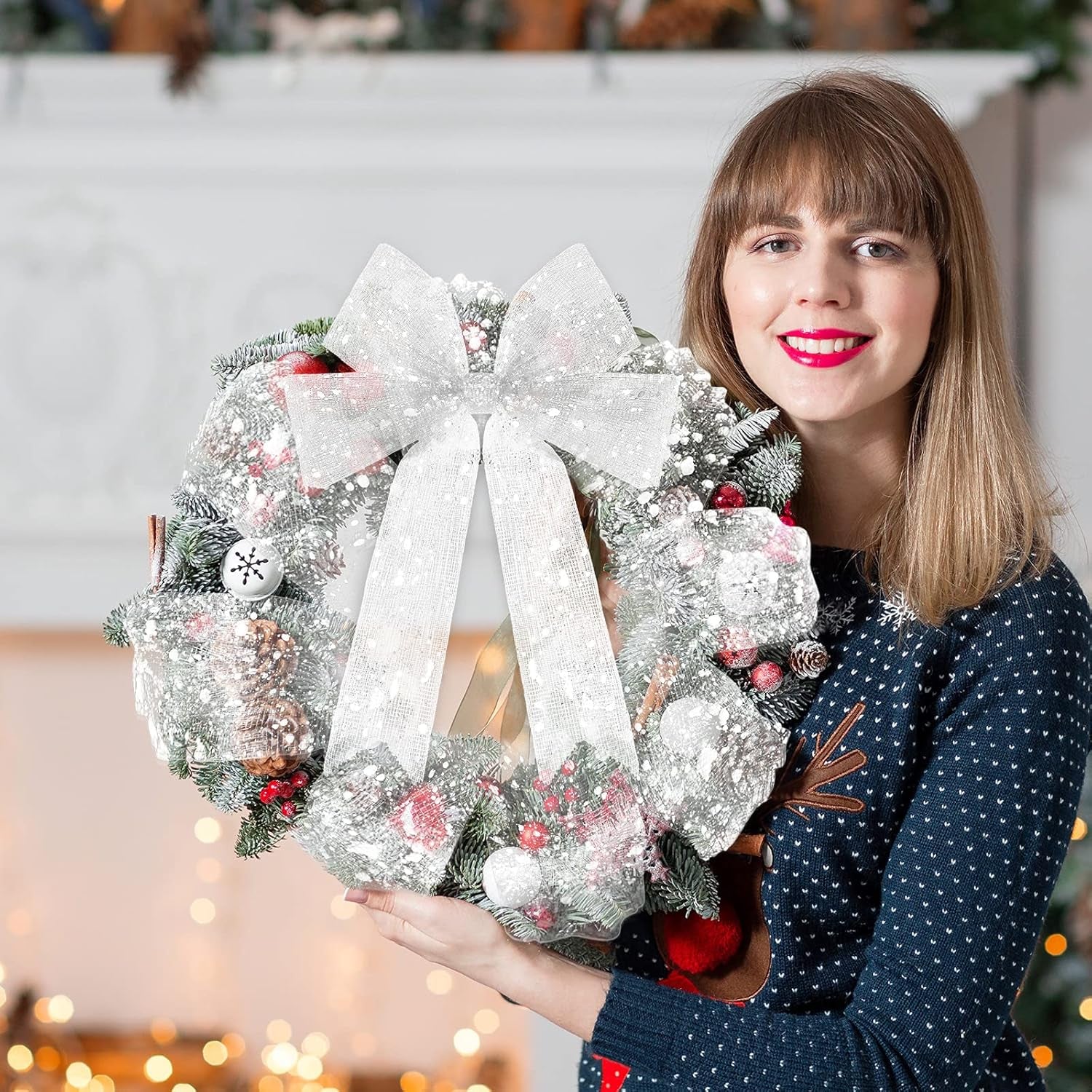 10 Inch X 30 Feet Christmas Snow Poly Mesh Ribbon Decorated Snowball Mesh Ribbon for Christmas Graduation Party Decoration (White)