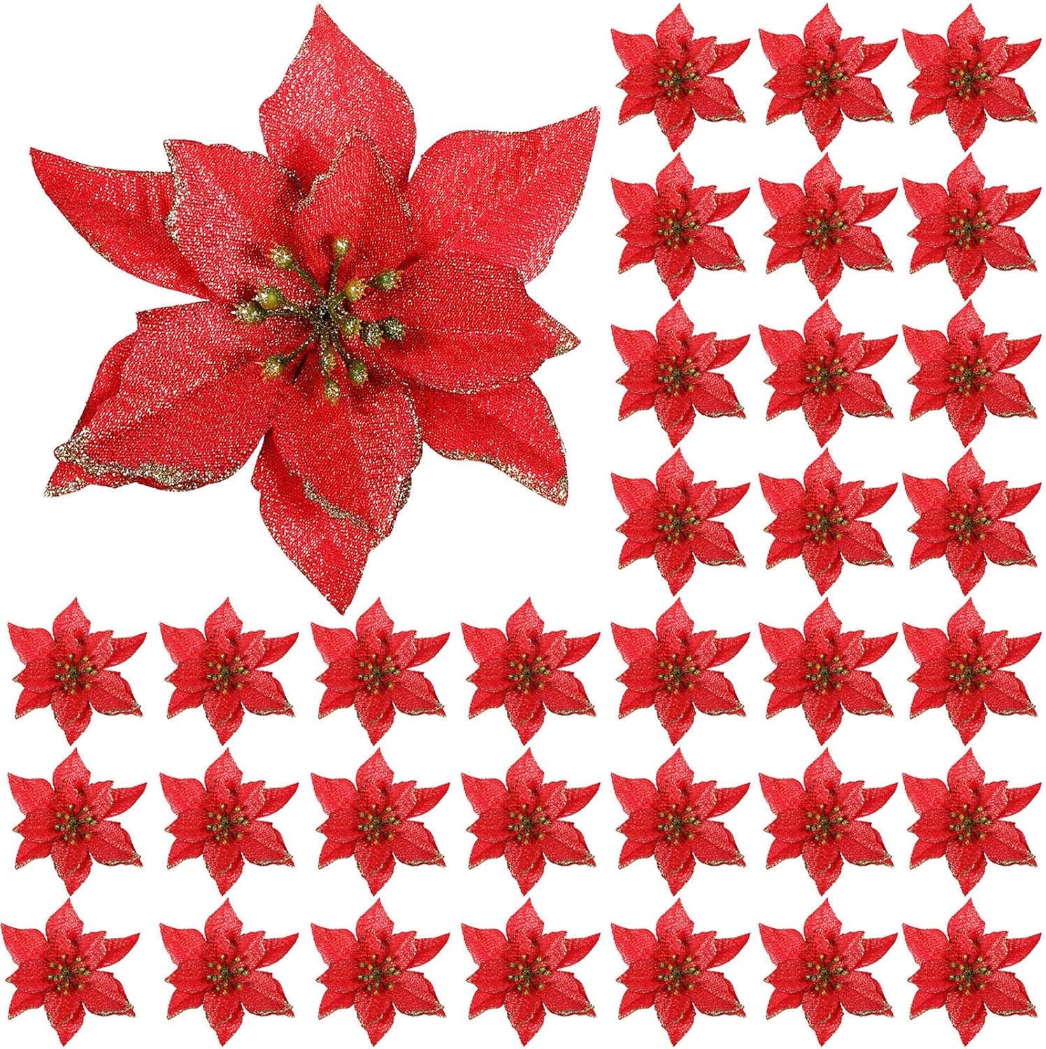 45 Pieces Christmas Poinsettia Decorations Glitter Poinsettia Flowers Tree Flowers for Xmas Tree Ornaments, 5 Inch(Red)