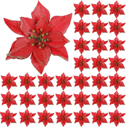 45 Pieces Christmas Poinsettia Decorations Glitter Poinsettia Flowers Tree Flowers for Xmas Tree Ornaments, 5 Inch(Red)