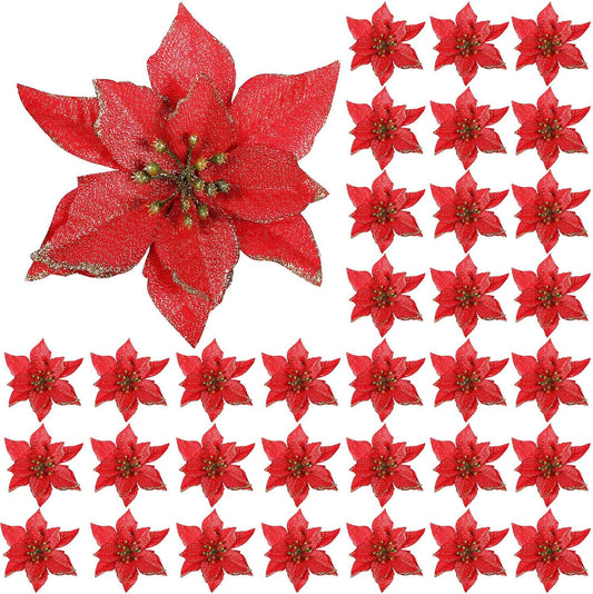 45 Pieces Christmas Poinsettia Decorations Glitter Poinsettia Flowers Tree Flowers for Xmas Tree Ornaments, 5 Inch(Red)