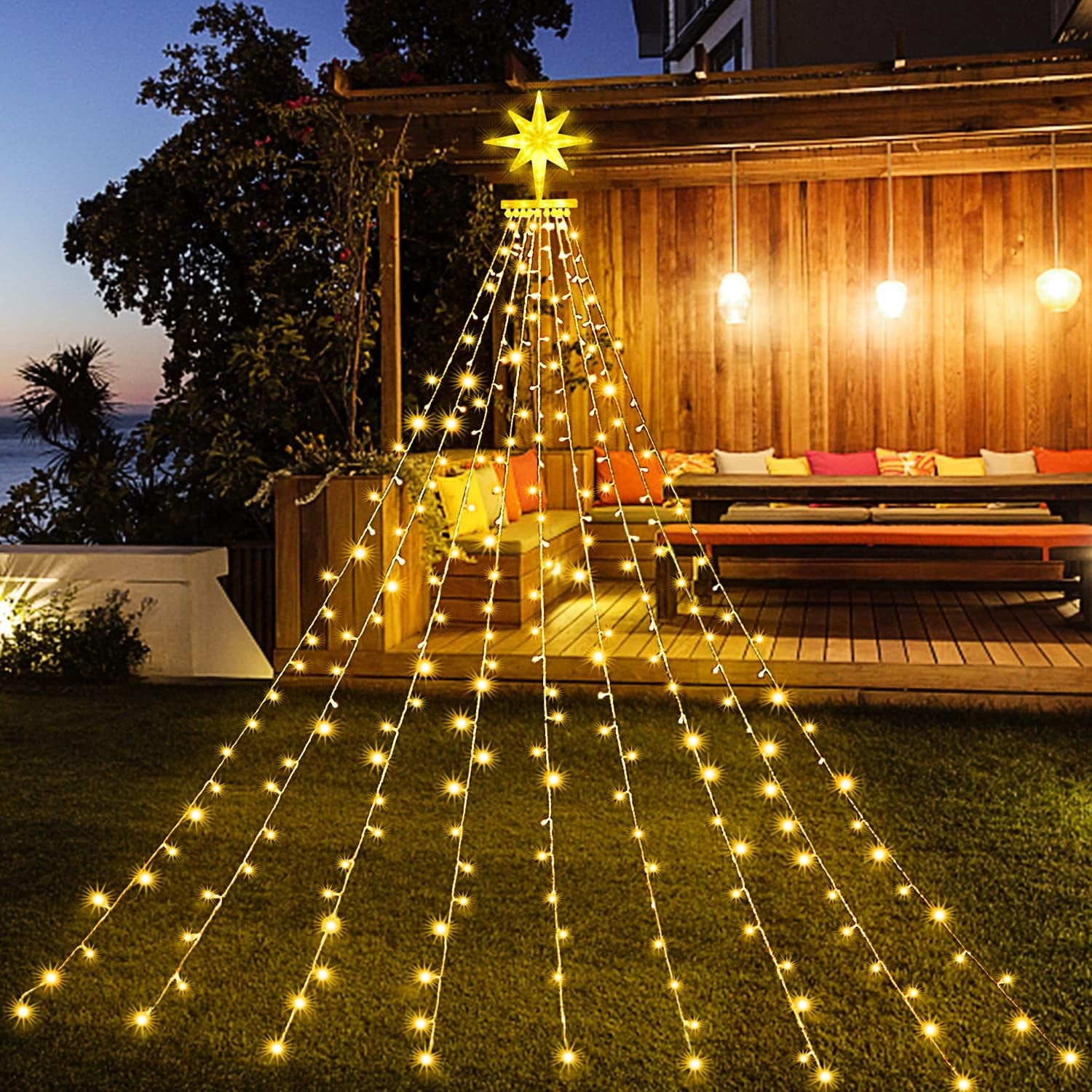 Christmas Lights, Christmas Decorations, 320 LED Outdoor Christmas Lights [8 Modes & Waterproof], with 11" Lighted Tree Topper for Halloween Xmas New Year Holiday Birthday (Warm White)