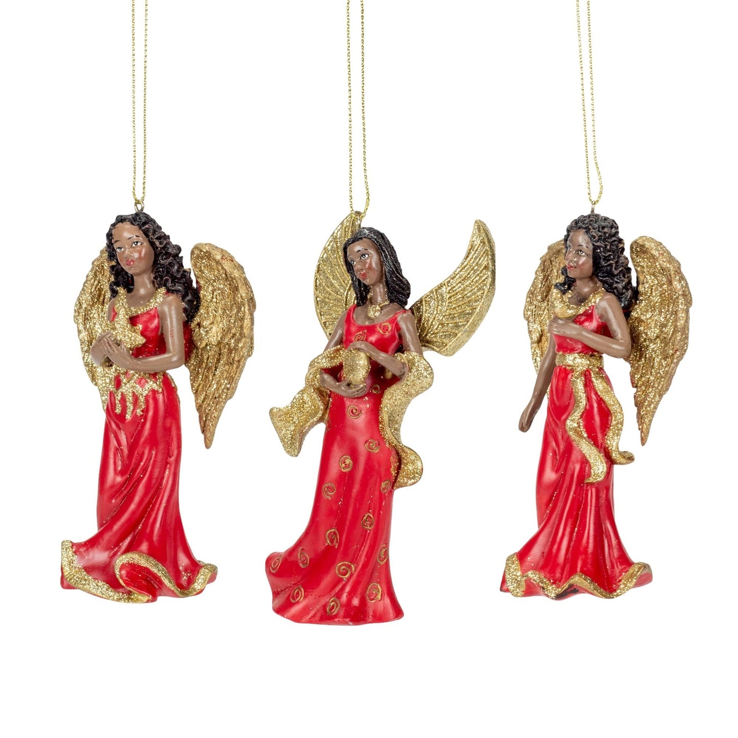 Kurt Adler 4.75" Resin Red & Gold African American Angel Ornament 3/Asstd
