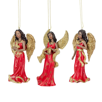 Kurt Adler 4.75" Resin Red & Gold African American Angel Ornament 3/Asstd