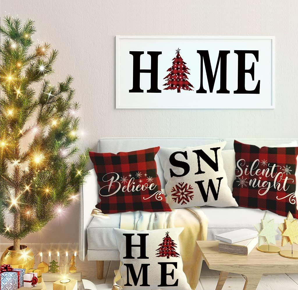 18X18 Christmas Snow Home Throw Pillow Covers,Decorative Farmhouse Outdoor Believe Silent Night Xmas Christmas Pillow Shams Cases Slipcovers Set of 4 for Couch Sofa