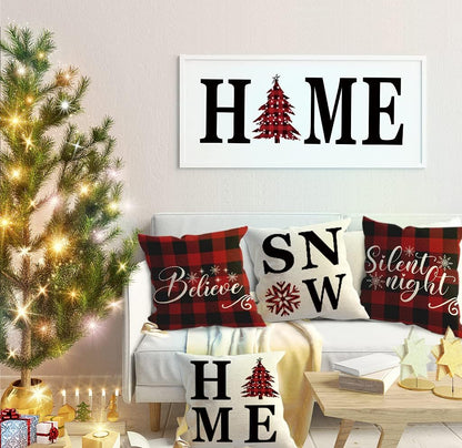 18X18 Christmas Snow Home Throw Pillow Covers,Decorative Farmhouse Outdoor Believe Silent Night Xmas Christmas Pillow Shams Cases Slipcovers Set of 4 for Couch Sofa
