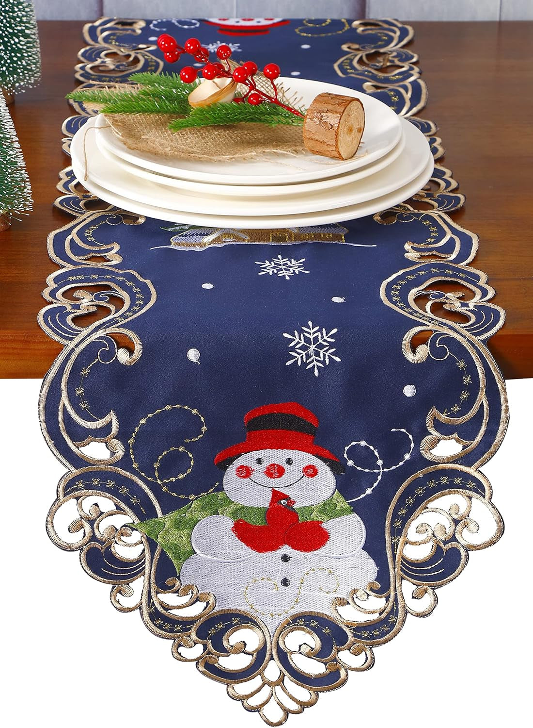 Christmas Holiday Table Runner 13X54 Inches Embroidered Snowman and Snowflakes Pattern Festive Winter Dresser Scarf Table Topper for Family Xmas Home Kitchen Dinner Party Table Decoration
