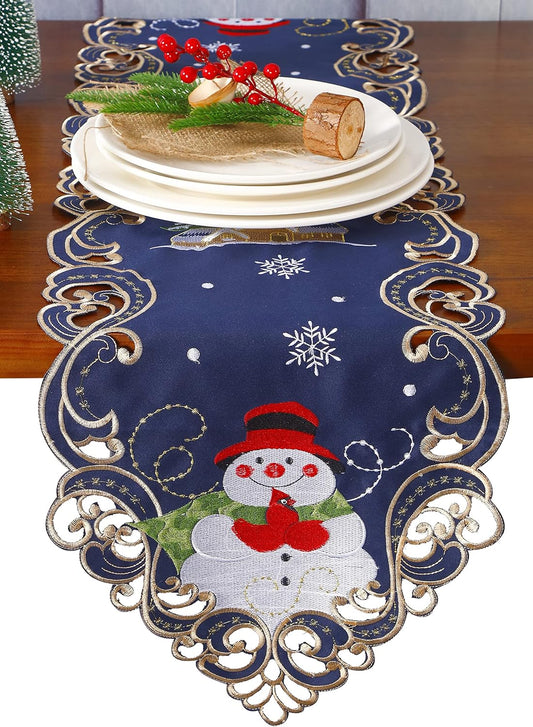 Christmas Holiday Table Runner 13X54 Inches Embroidered Snowman and Snowflakes Pattern Festive Winter Dresser Scarf Table Topper for Family Xmas Home Kitchen Dinner Party Table Decoration