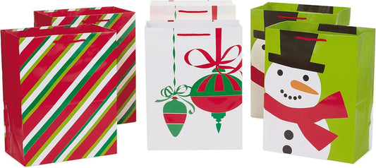 Image Arts 11" Large Holiday Gift Bag Bundle (Pack of 6; Snowman, Ornaments, Stripes)