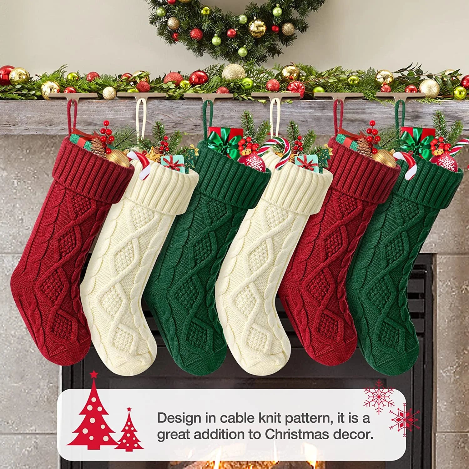 6Pcs Christmas Stockings Large Knitted Xmas Stockings 18 Inches Fireplace Hanging Stockings for Family Holiday Christmas Decoration