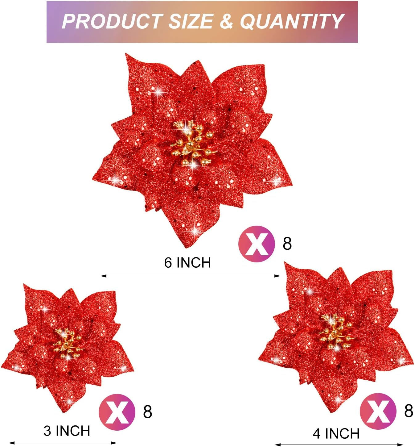 24 Pieces Glitter Poinsettia Artificial Christmas Flowers Poinsettia Decorations Wedding Christmas Tree Ornaments, 3/4/6 Inches (Red)