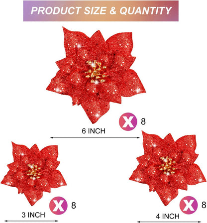 24 Pieces Glitter Poinsettia Artificial Christmas Flowers Poinsettia Decorations Wedding Christmas Tree Ornaments, 3/4/6 Inches (Red)