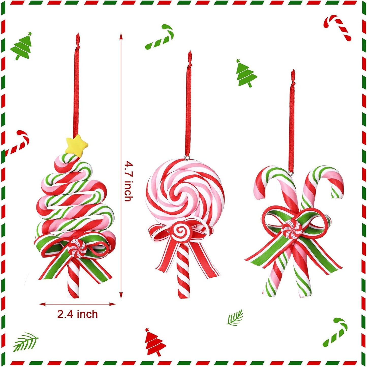 6 Pieces Christmas Candy Cane Ornaments Tree Lollipop Hanging Decorations 4.7 X 2.4 in Polymer Clay Red and White Peppermint Decoration Fake Candy Pendant Crafts for Xmas Wreath Party Supplies