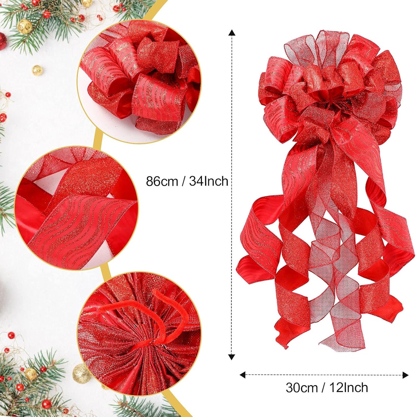 Christmas Tree Topper Decorations 34X12 Inch Large Christmas Bows Tree Ornaments and 24 Pcs Christmas Tree Flowers for Christmas Holiday Party Decorative(Red)